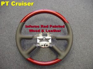 02 PT Cruiser wood Leather steering wheel slant cut Inferno Red 300x225 1